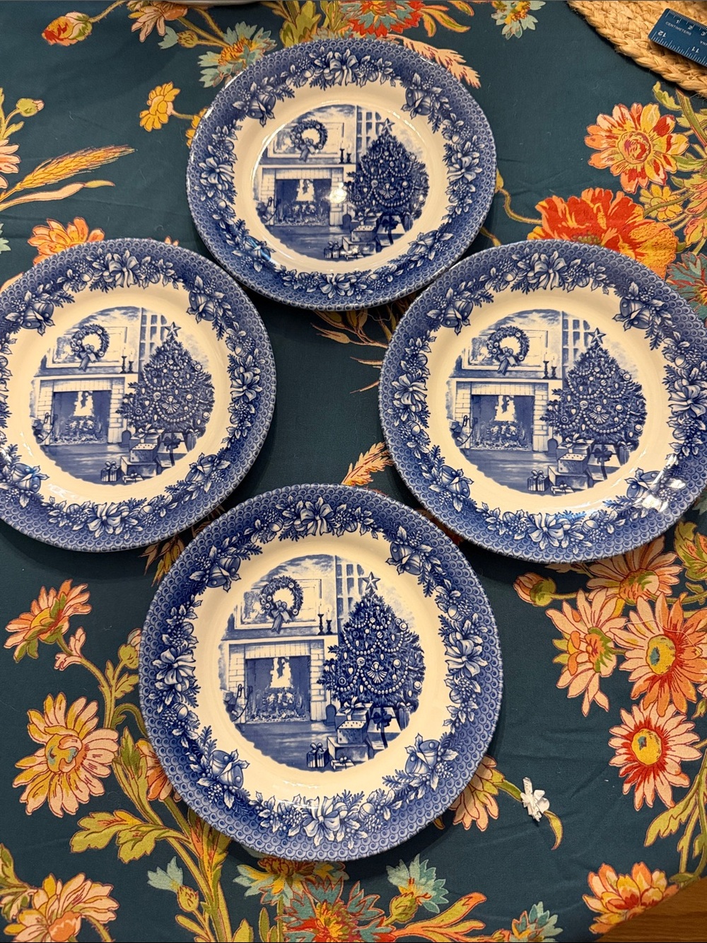 Blue Holiday Transferware Dinner Plates - Set of 4